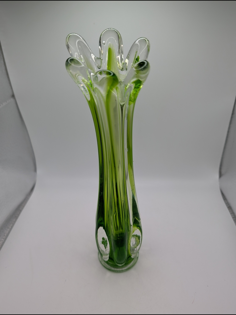 Vintage Green Clear Swung Fluted Art Glass Vase 6 Fingers 9" Tall